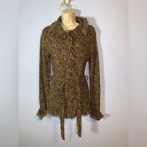 Derek heart Y2K Brown tan fringe Knit Button-Up Cardigan medium